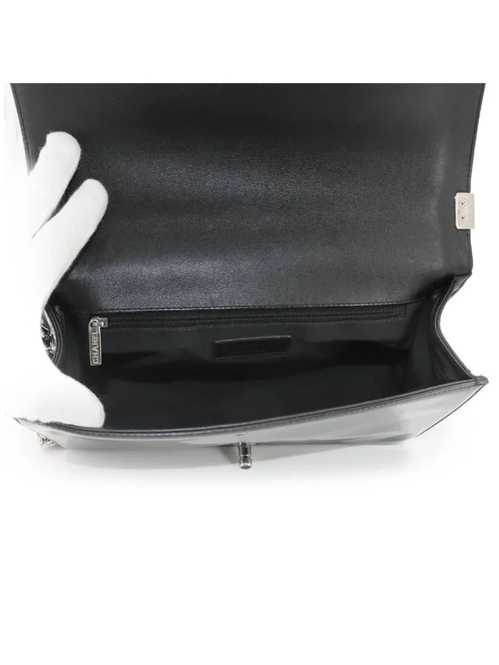Chanel Boy Chain Shoulder Bag Patent Leather Black Silver